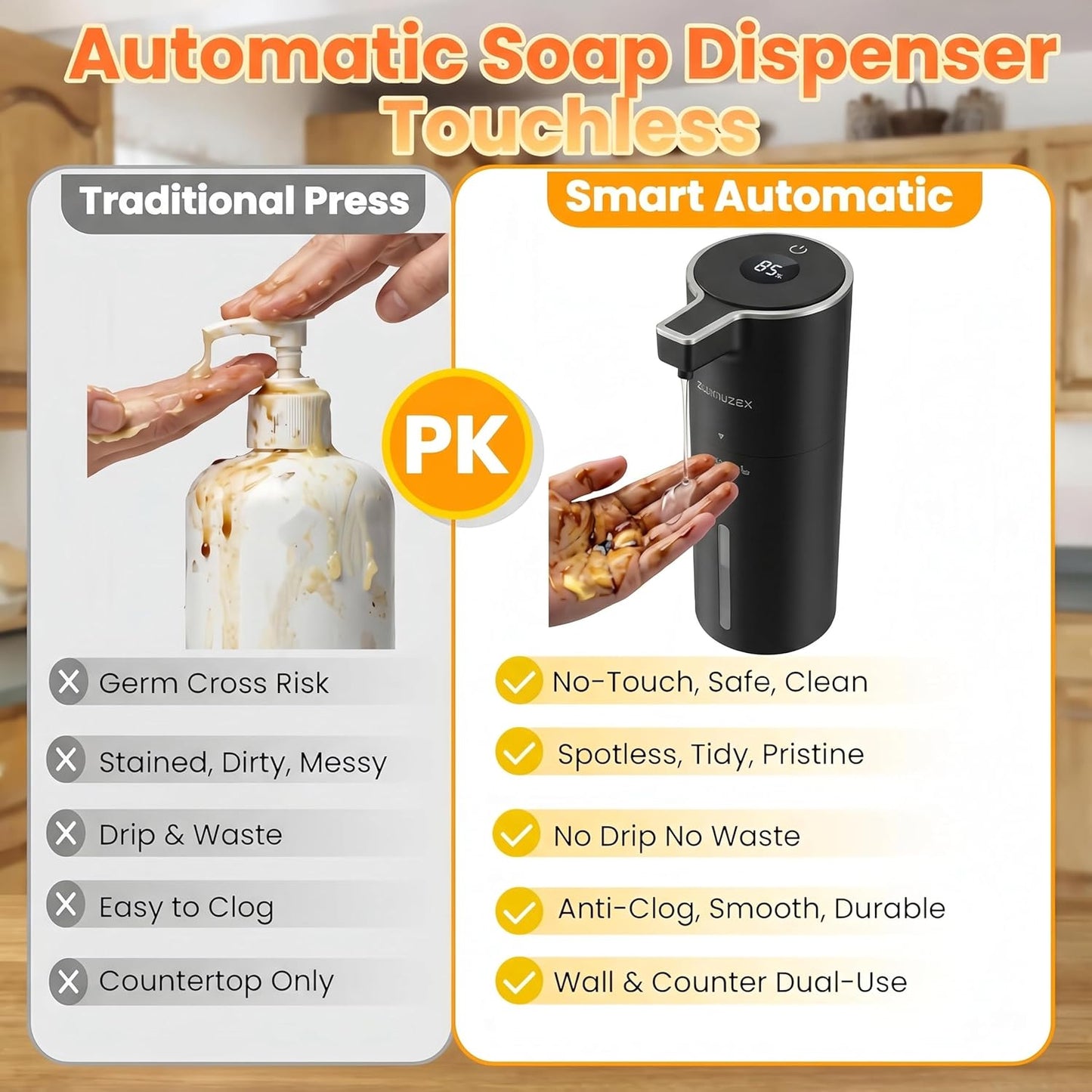 Automatic Foaming Soap Dispenser Touchless Upgrade Pump Uneasy Plugging Wall Mounted USB Rechargeable, 4-Level Adjustable 13.52oz Modern Electric Hand Soap Dispenser Kitchen Bathroom Kids Family White