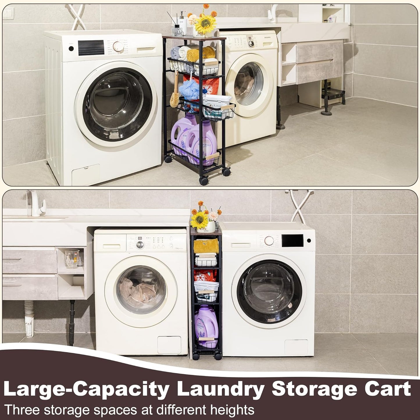 Narrow Rolling Cart with Wheels, 4-Tier Slim Metal Storage Cart with Pull-Out Baskets, 7.87 Inch Width Small Laundry Room Organizer Cart, Space-Saving for Kitchen, Bathroom