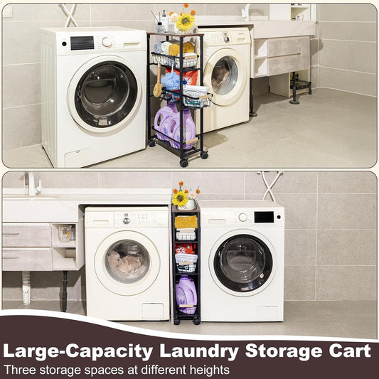 Narrow Rolling Cart with Wheels, 4-Tier Slim Metal Storage Cart with Pull-Out Baskets, 7.87 Inch Width Small Laundry Room Organizer Cart, Space-Saving for Kitchen, Bathroom