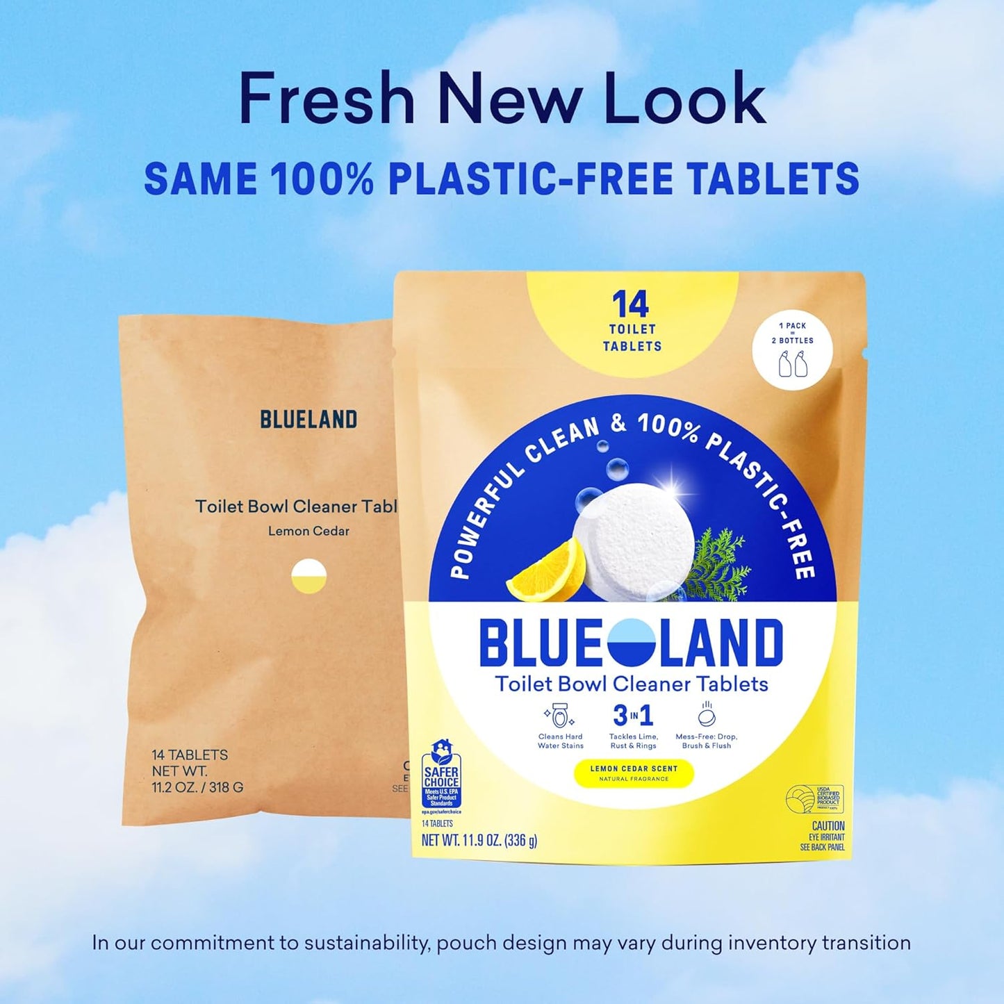 BLUELAND Toilet Bowl Cleaner Tablets, 14 Count (Pack of 2), Peppermint Eucalyptus, Plastic-Free, No Harsh Chemicals, Plant-Based, Septic-Safe, Removes Lime, Rust, Hard Water and Toilet Ring Stains