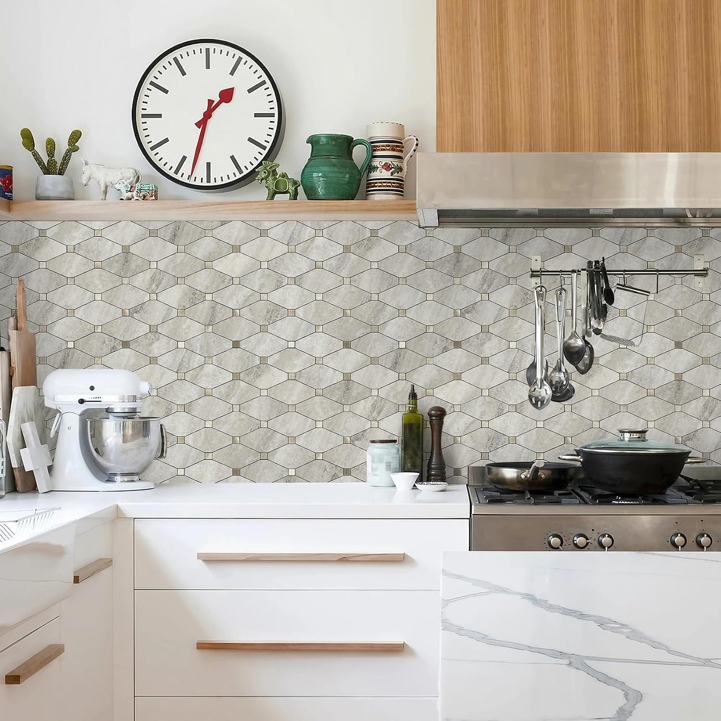 STICKGOO 10 Sheets Peel and Stick Backsplash, Polished Dolomite PVC Mixed Metal Gold Kitchen Backsplash, Stick on Backsplash Wall Tiles for Kitchen, Bathroom, RV