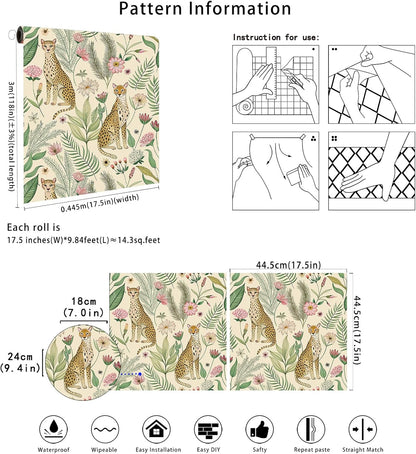 Floralplus Peel and Stick Wallpaper Leopard Jungle Removable Wallpaper for Bathroom Renter Friendly Wallpapers Self Adhesive Animal Floral Contact Paper for Accent Wall 17.5 x 118 in