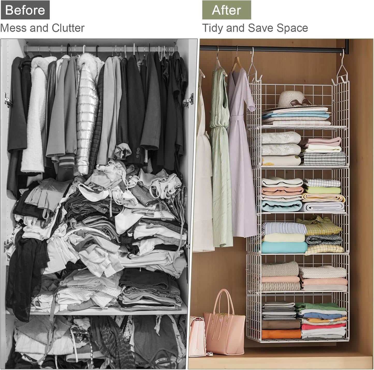 X-cosrack Closet Hanging Organizer Shelves - 5 Tier Wardrobe Organizers and Storage Bin, Hanging Organizer Shelves, Clothes Shelf with Adjustable Dividers for Bedroom Closet Sweater Shoes Handbag