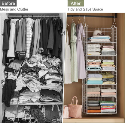 X-cosrack Closet Hanging Organizer Shelves - 5 Tier Wardrobe Organizers and Storage Bin, Hanging Organizer Shelves, Clothes Shelf with Adjustable Dividers for Bedroom Closet Sweater Shoes Handbag