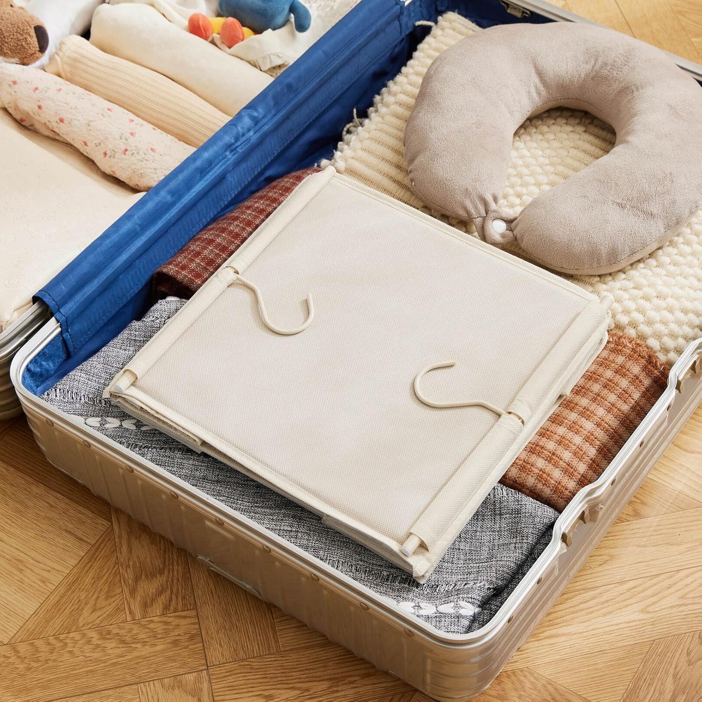 MAX Houser 4-Shelf Hanging Closet Organizer, Space Saver, Cloth Hanging Shelves with 2 Side Pockets, Foldable (Beige)