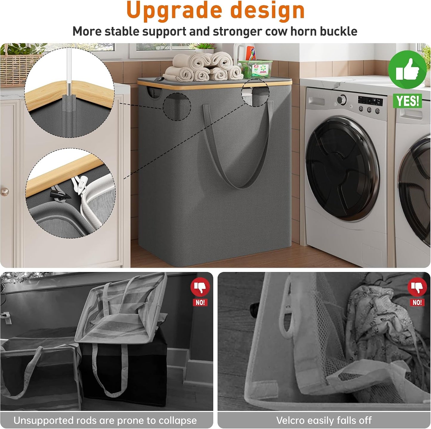 175L Laundry Hamper with Lid 3 Section, Extra Large Laundry Basket with 3 Removable Bags, 46 GAL Laundry Basket Organizer for Bedroom, Laundry Room, Dorm, Grey