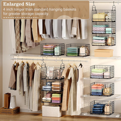 Sonyabecca 3-Tier Hanging Closet Organizers and Storage, Foldable Stackable Wire Basket Bins with 5 S Hooks, Space-Saving Hanging Closet Shelf for Clothing, Sweaters, Handbags, Hats,Purse