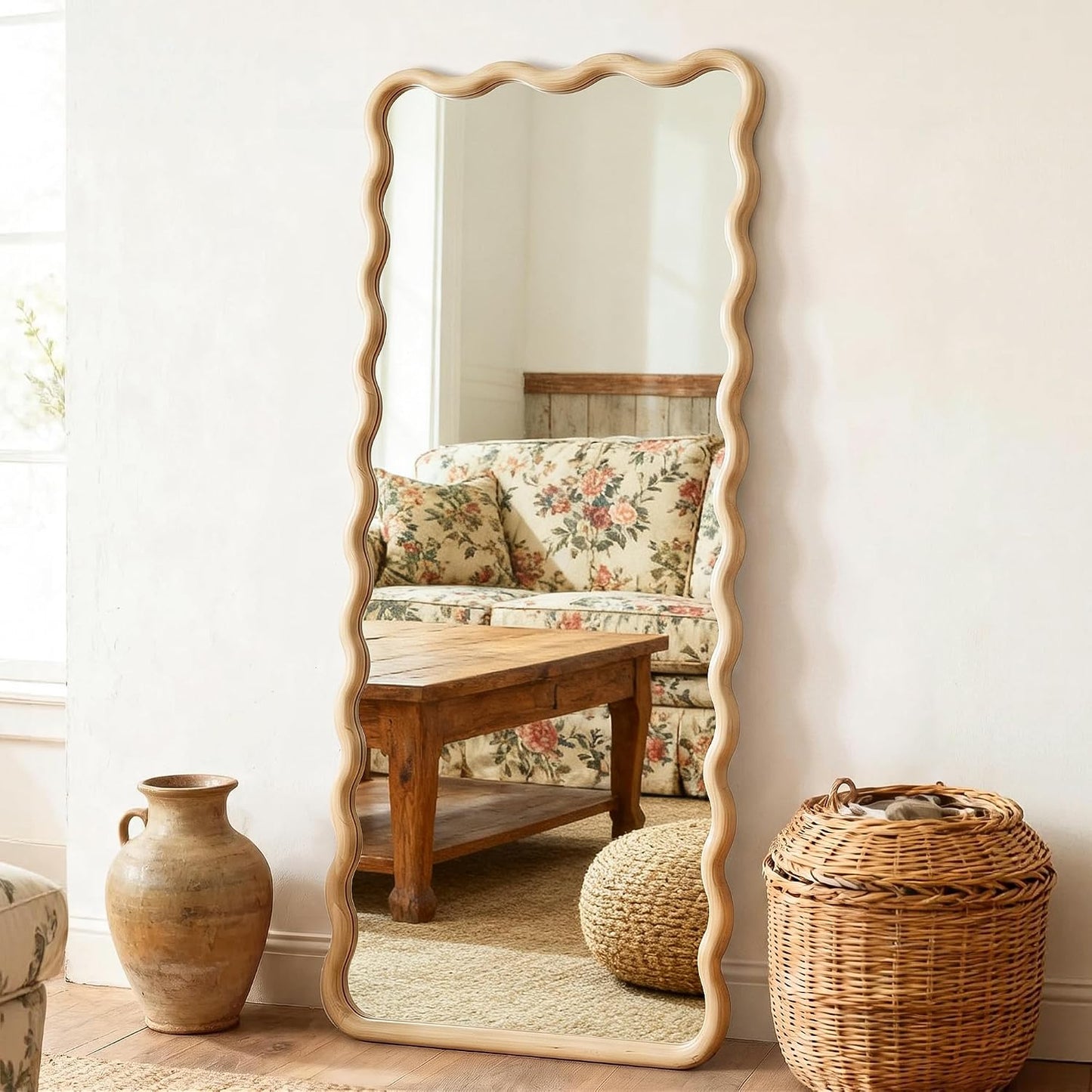 Full Length Mirror, 55"x28" Boho Wavy Wood Floor Mirror, for Bathroom, Bedroom, Living Room, Cloakroom, Entryway