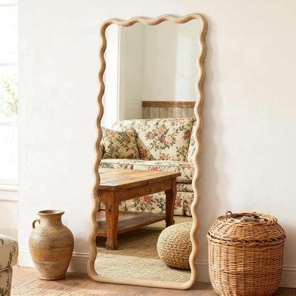 Full Length Mirror, 55"x28" Boho Wavy Wood Floor Mirror, for Bathroom, Bedroom, Living Room, Cloakroom, Entryway