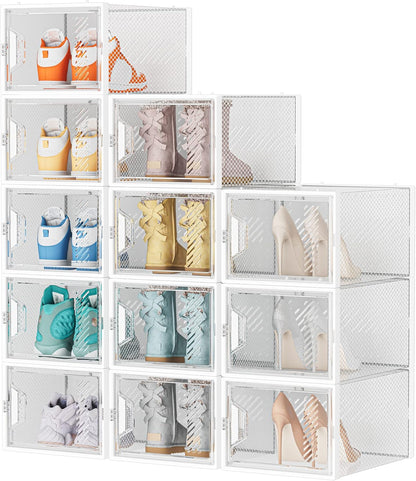 Shoe Storage, 12 Pack X-Large Shoe Organizer for Closet, Shoe Boxes Clear Plastic Stackable Shoe Storage Boxes for Size 13