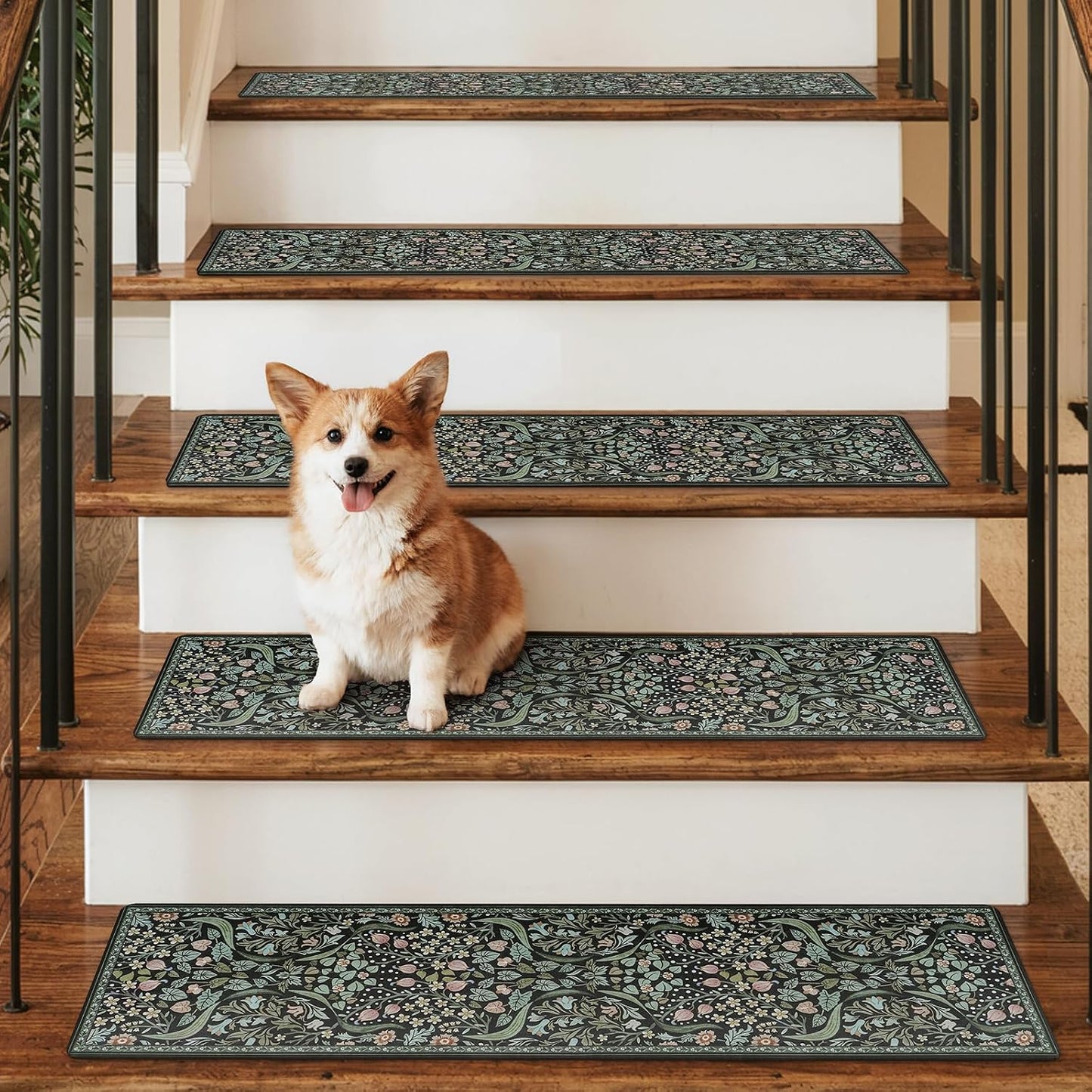 OJIA Floral Stair Treads Non-Slip Stair Runner for Wooden Steps Indoor 15PCS 30"x8" Carpet Stair Treads Stair Mats Staircase Step Treads for Kids, Elders and Dogs, Stair Covers, Black
