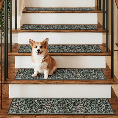 OJIA Floral Stair Treads Non-Slip Stair Runner for Wooden Steps Indoor 15PCS 30"x8" Carpet Stair Treads Stair Mats Staircase Step Treads for Kids, Elders and Dogs, Stair Covers, Black