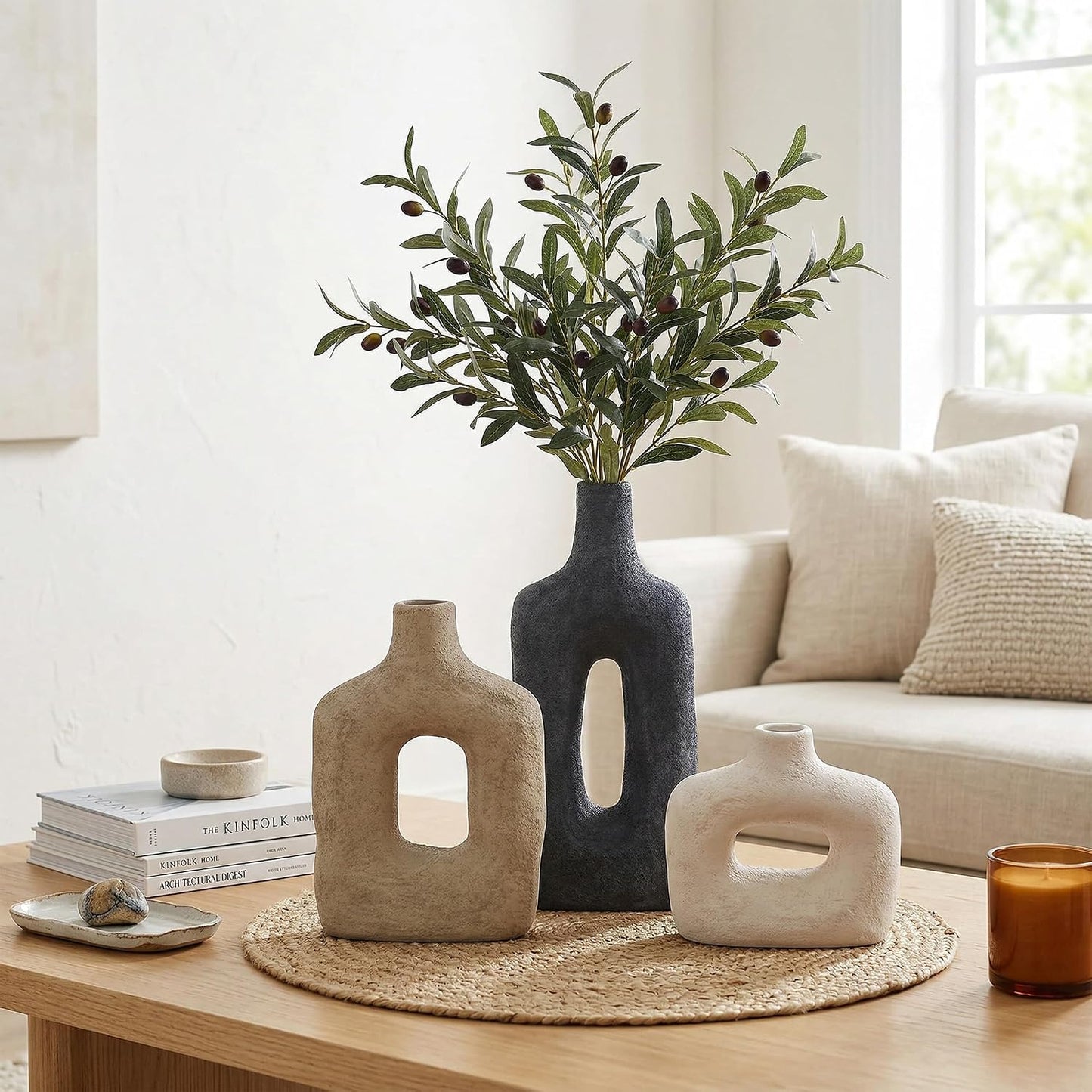 DREAMLOOM Ceramic Vase Set of 3, Modern Rustic Flower Vases for Pampas Grass, Dried & Fresh Flowers, Farmhouse Home Decor Vase for Living Room Bedroom Kitchen Shelf Centerpiece, Classic
