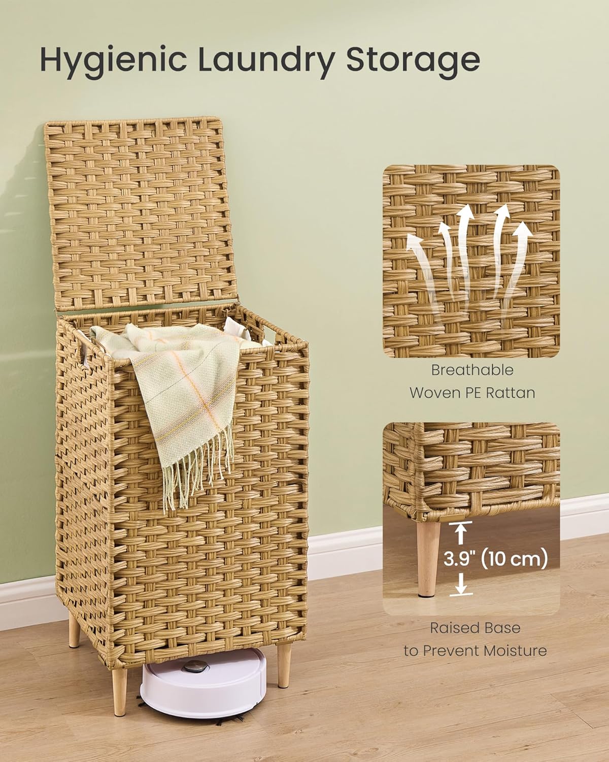SONGMICS 3-Section Laundry Hamper with Lid, 42.2 Gal (160L) PE Rattan Laundry Basket with Removable Washable Liners, for Bedroom & Living Room, Chestnut Brown ULCB223ME01