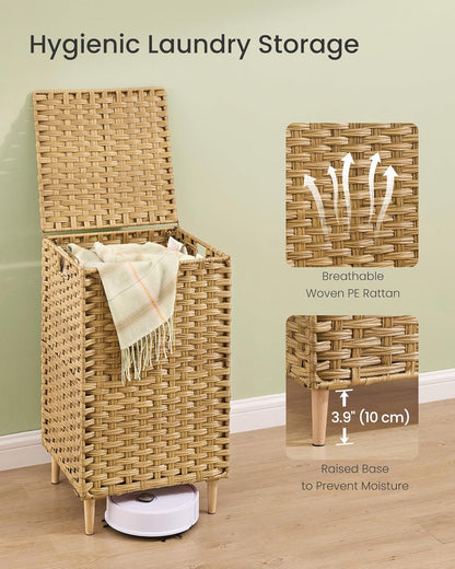SONGMICS 3-Section Laundry Hamper with Lid, 42.2 Gal (160L) PE Rattan Laundry Basket with Removable Washable Liners, for Bedroom & Living Room, Chestnut Brown ULCB223ME01