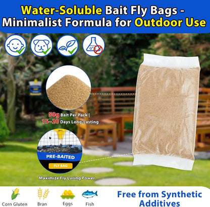 Big Disposable Hanging Fly Trap Bag 4 Pack for Chicken Coop Barn Ranch Farm | 50g Dissolvable Bait Fly Hunter for Flying Insects, Large Clear Capacity, No Messy Cleanup, Weatherproof Outdoor-only Use