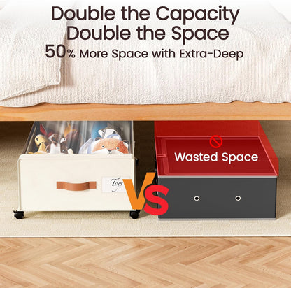 Yecaye Under Bed Storage with Wheels, 2 Pack Under Bed Storage Containers, 60L Underbed Shoe Storage with Clear Window & Label, Rolling Under Bed Metal Drawer for Clothes, Shoes, Books, Blankets