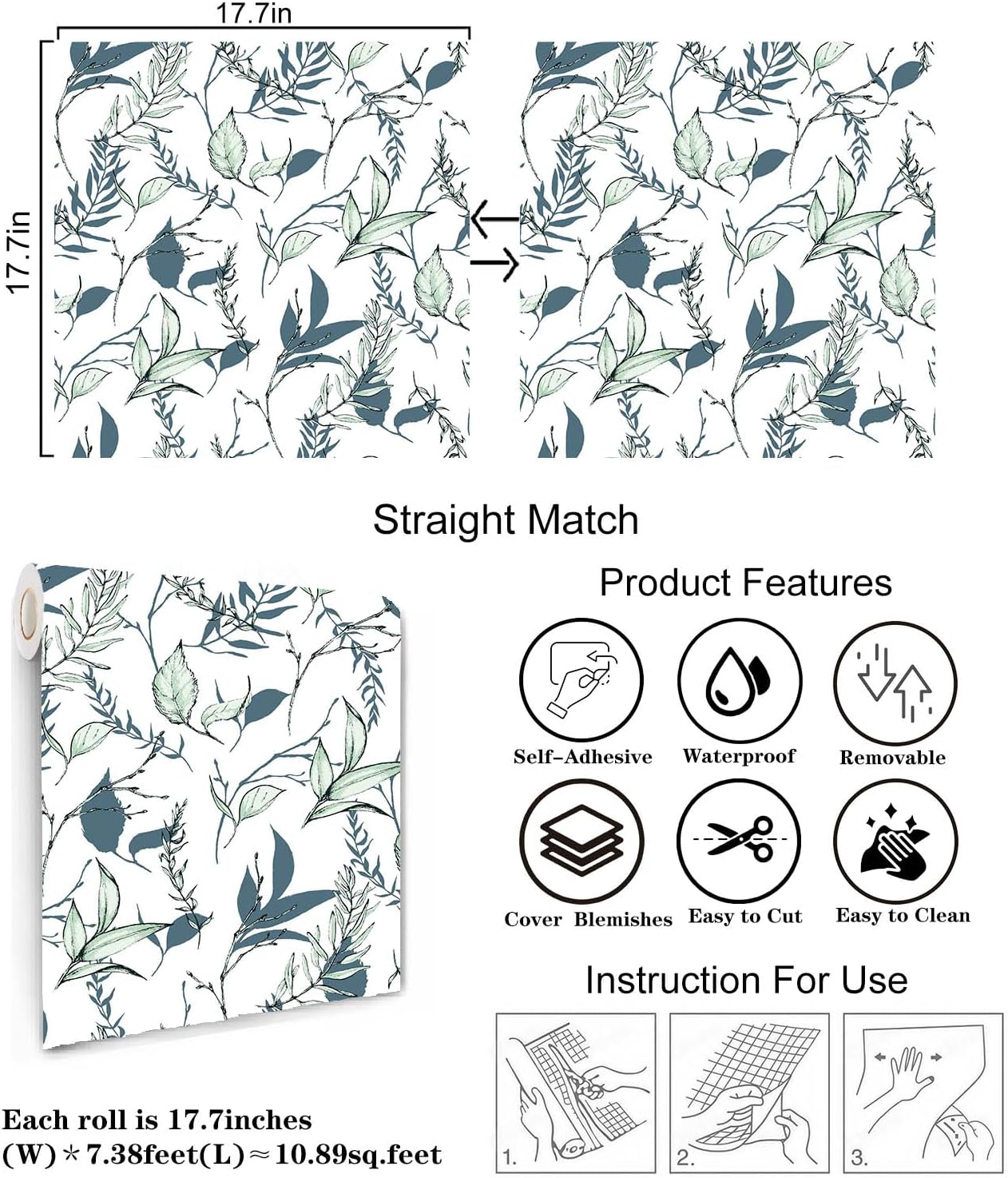 Sage Green and Blue Leaf Peel and Stick Wallpaper Modern Removable Self Adhesive Waterproof Renter Friendly Wall Covering for Bathroom and Accent Walls 17.7in x 88.5in