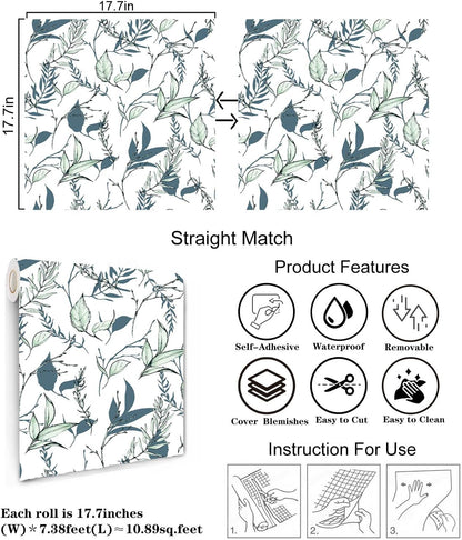 Sage Green and Blue Leaf Peel and Stick Wallpaper Modern Removable Self Adhesive Waterproof Renter Friendly Wall Covering for Bathroom and Accent Walls 17.7in x 88.5in