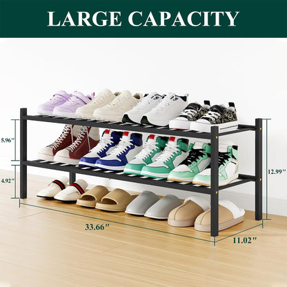 Smiry Bamboo Shoe Rack, 3 Tier Free Standing Wooden Shoe Organizer, Stackable Wood Shoe Storage Shelf for Closet, Entryway, 12 Vertical Slats, 2+1 Stack Standard Legs, 26.8"x11"x19.5", Natural