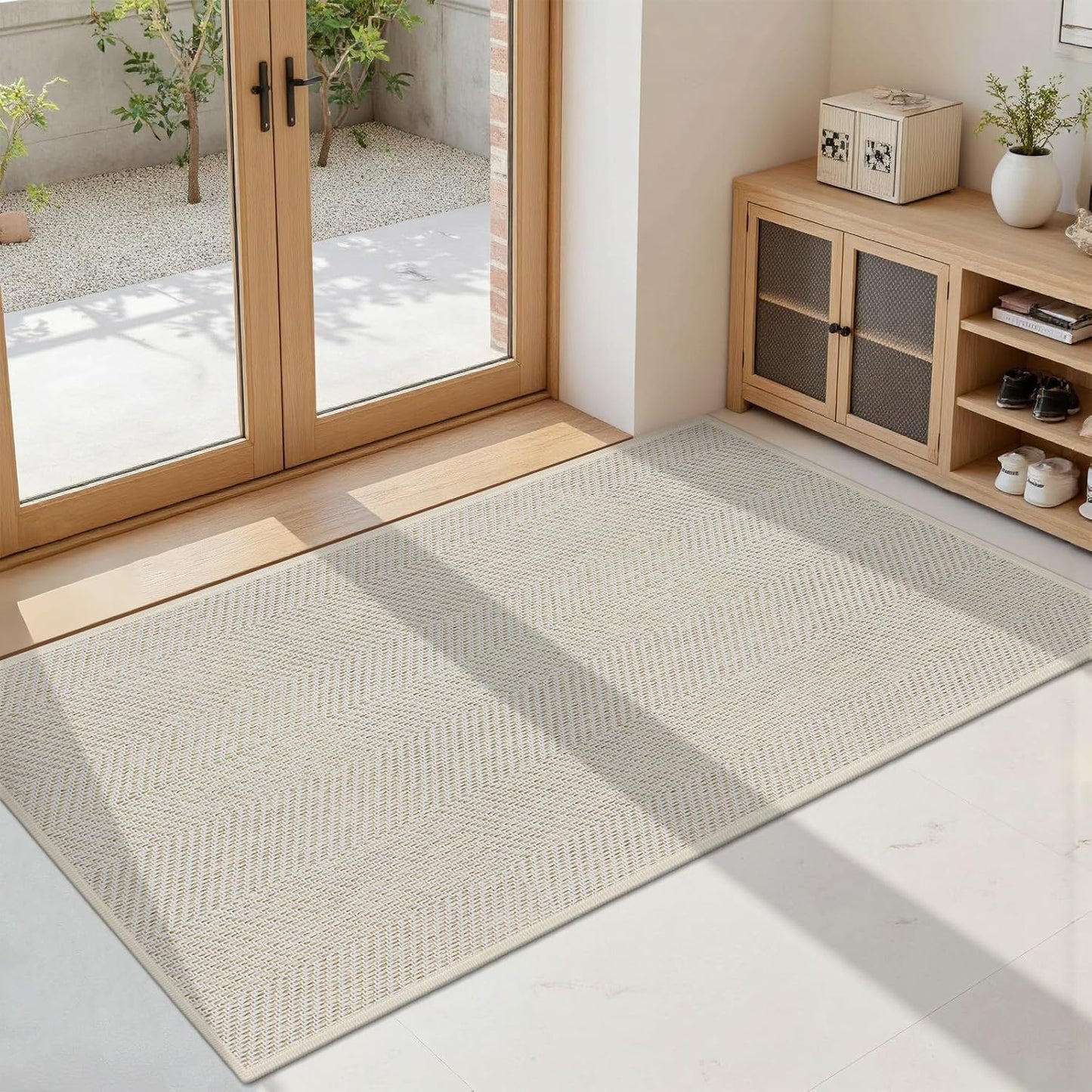 Ultra Thin Indoor Door Mat 24"x36", Washable Door Mat Indoor Entrance, Non Slip Rubber Backing Doormat Low-Profile Inside Entryway Mat, Unique Herringbone Design Entry Mat, Khaki (FOLD)