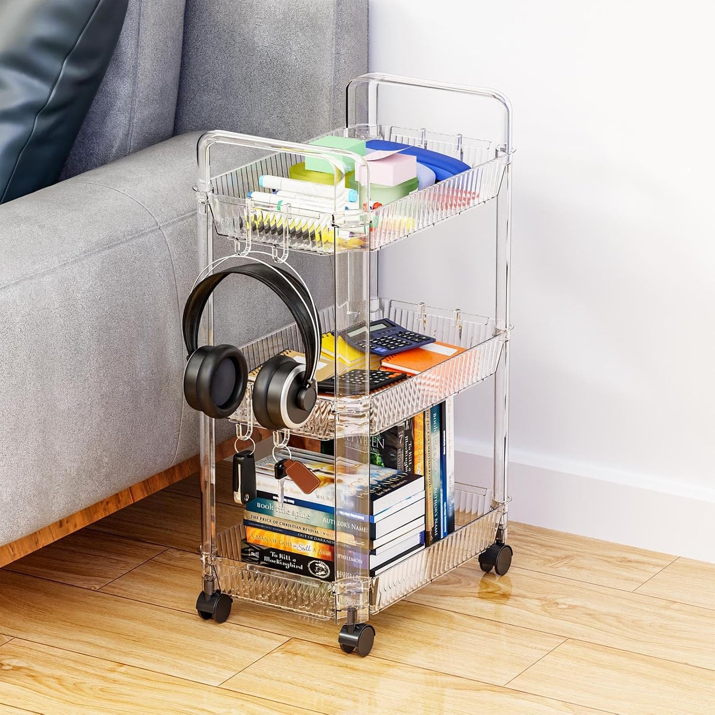 Yieach 3 Tier Rolling Cart with Wheels,Clear Narrow Bathroom Rack Organizer,Slim Storage Cart,Three Tier Thin Shelf and Narrow Rolling Utility Cart for Small Space Shelf,Dorm Room,Kitchen,Laundry
