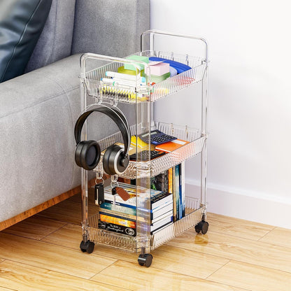 Yieach 3 Tier Rolling Cart with Wheels,Clear Narrow Bathroom Rack Organizer,Slim Storage Cart,Three Tier Thin Shelf and Narrow Rolling Utility Cart for Small Space Shelf,Dorm Room,Kitchen,Laundry