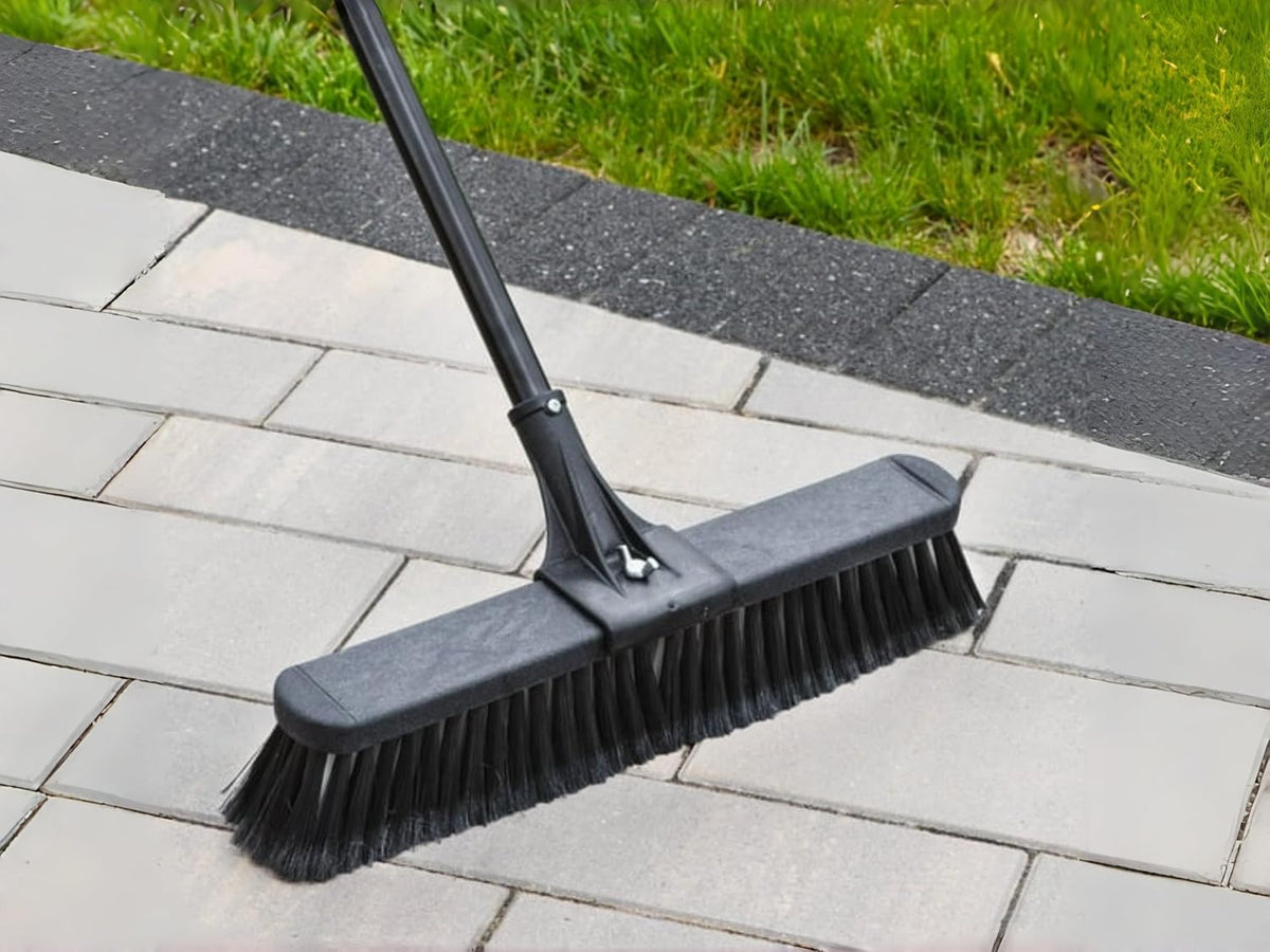 24-Inch Push Broom with 59" Metal Handle, Heavy-Duty Outdoor Broom with Stiff Flagged Bristles for Garage, Driveway & Patio