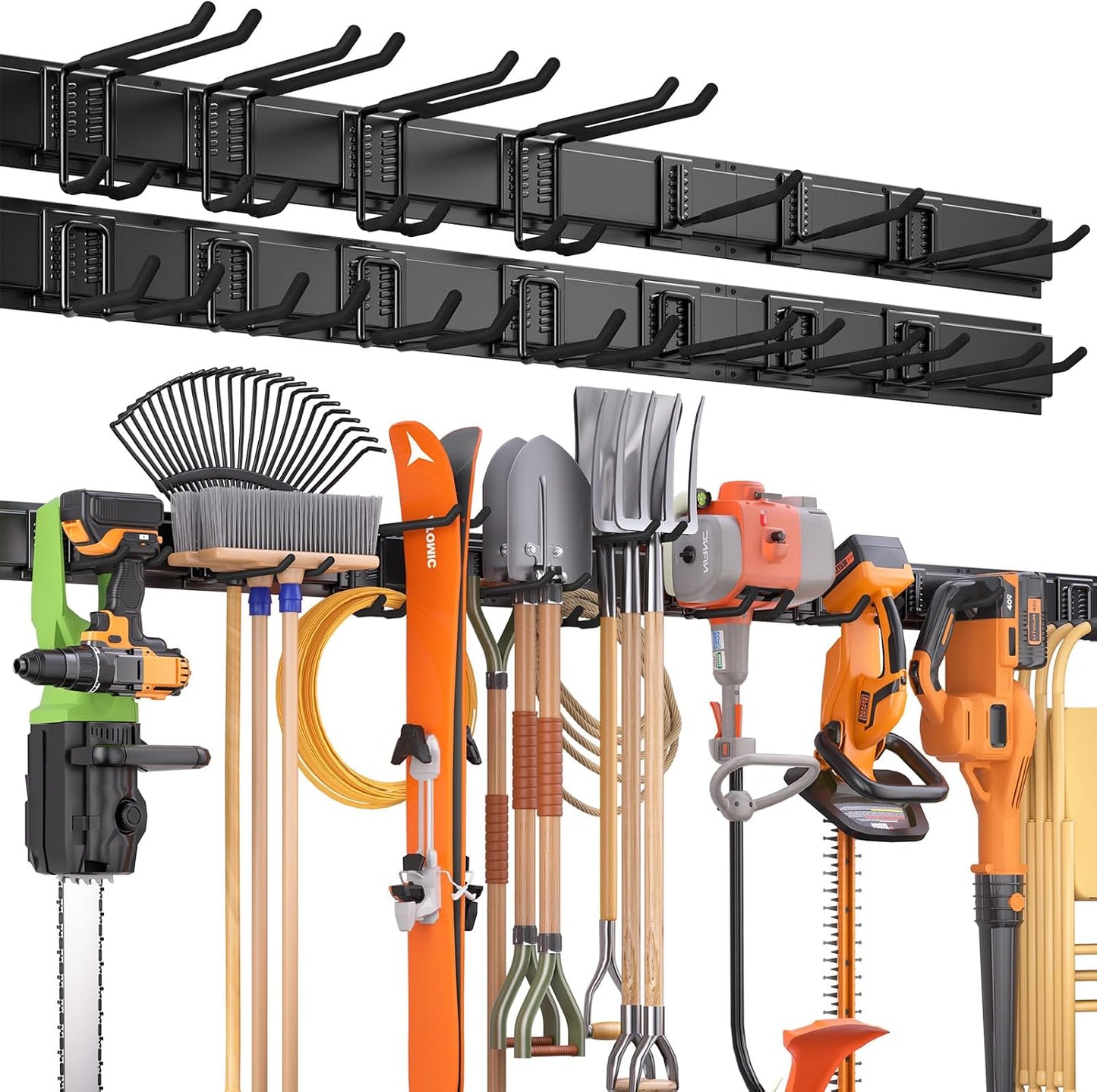 64 Inches Garage Storage, UUP Garage Organization Wall Mount Garden Tool Organizer, 620lbs Adjustable Metal Hooks, Yard Shed Rail Rack, Lawn Tool Holder for Hanging Rake Broom Mop Snowboard, Home Gift