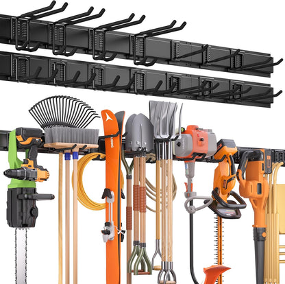 64 Inches Garage Storage, UUP Garage Organization Wall Mount Garden Tool Organizer, 620lbs Adjustable Metal Hooks, Yard Shed Rail Rack, Lawn Tool Holder for Hanging Rake Broom Mop Snowboard, Home Gift