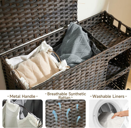 Laundry Hamper with Wheels, 42.3 Gal.(160 L) Laundry Sorter with Shelves, Rattan Clothes Hamper with 4 Removable Liners & 3 Mesh Bags, Handwoven Organizer for bedroom, bathroom, laundry room, Natural
