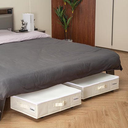 Vincona Under Bed Storage with Wheels, 2 Pack Under Bed Storage Containers with Label Holders for Clothes, Shoes and Blankets, Rolling Underbed Shoe Organizer with Cover, Beige (30.71x15.7x7.28 in)