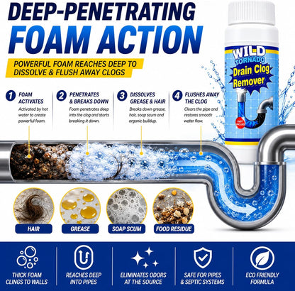 Drain Clog Remover Powder 4 Pack, Sink & Drain Cleaner Fast-Acting Foaming for Hair, Grease, Kitchen Sink & Toilet Clogs, Powerful Pipe Cleaning Solution for Showers & Drains, 480g