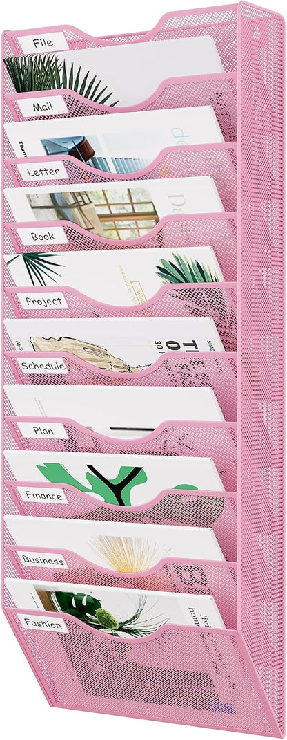 EasyPAG 5 Pocket Mesh Wall File Organizer with Key Hooks, Hanging Paper Folder Holder with Classify Label, Vertical Wall Mount Mail Organizer for Office Home Classroom, Black