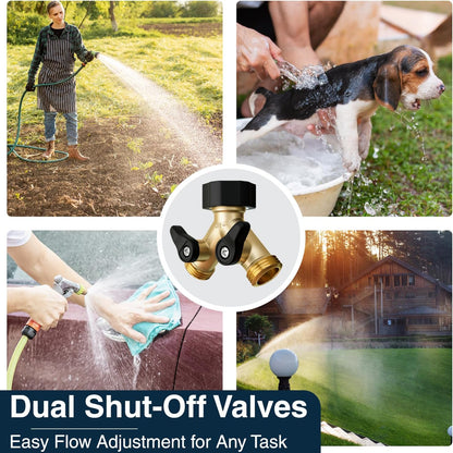 DBR Tech® Heavy Duty 2 Way Hose Splitter (Premium Brass for Superior Durability), Wye Garden Hoses Connector for Water Spigot Faucet Bib Tap, Double Shut Off Valve, Y Adapter, Rust-Resistant Finish