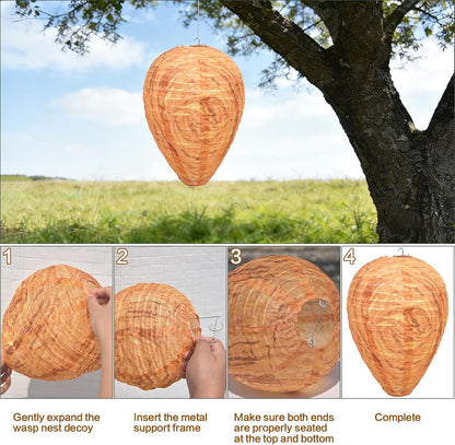 4 Pack Fake Wasp Nest Decoy, Waterproof Hanging Wasp Hornet Decoy for Outdoor, Brown Wasps and Hornets Nests, Reusable for Patio, Porch, Garden, Under Eaves, Garage, Backyard, House