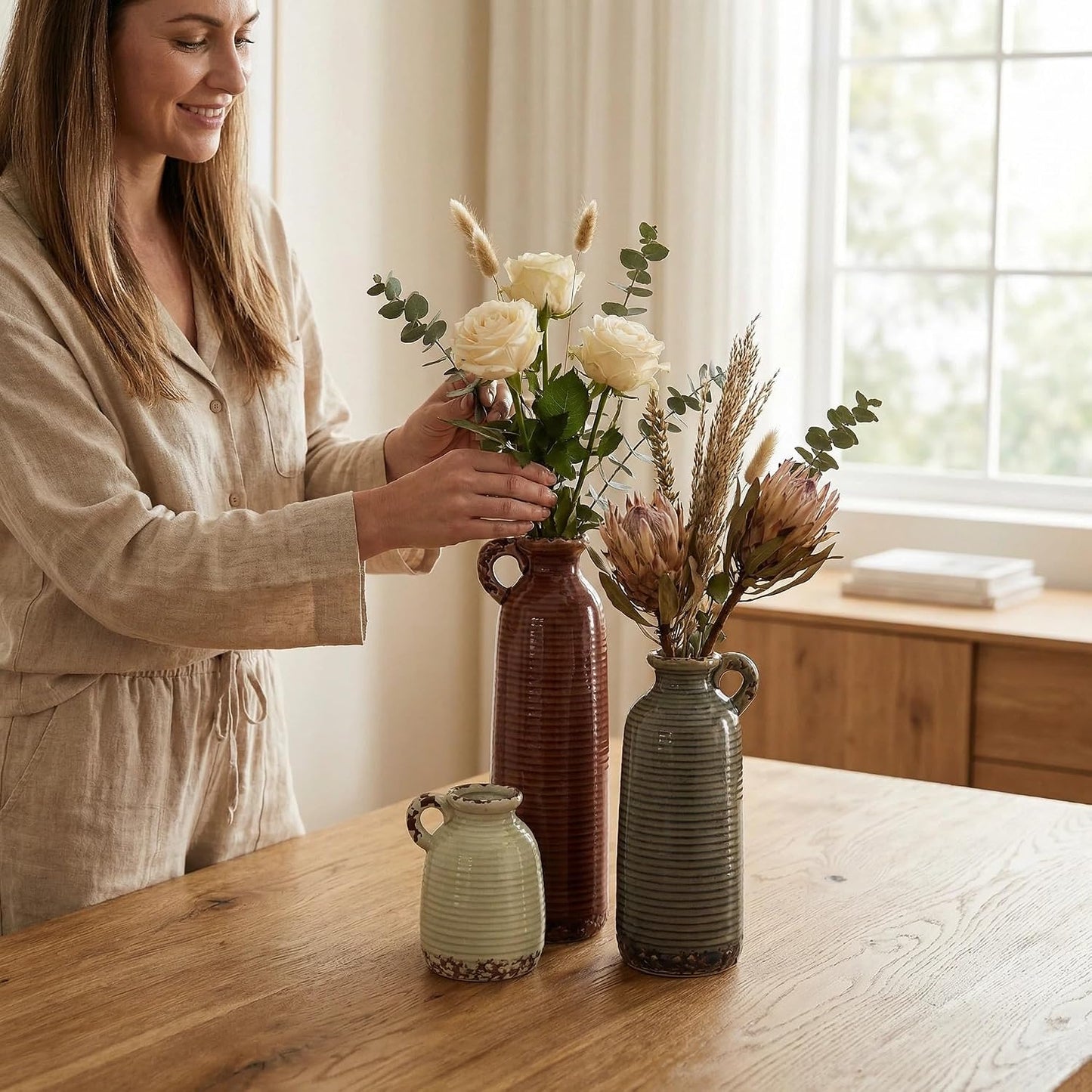 Ceramic Vase Set of 3 with Handles, Green White Neutral Rustic Modern Farmhouse Boho Decor, Versatile as Table Centerpiece or Mantel & Shelf Accent - Unique Home Gift Idea
