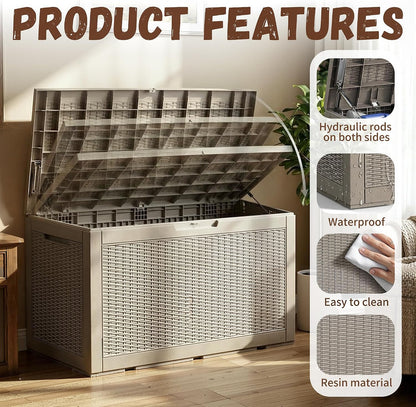EFU Outdoor Storage Box 100 Gallon Deck Box Resin Outdoor Toy Storage With Lockable Lid, Hydraulic Struts, Rattan Style Package Delivery Boxes for Outside Patio Yard Garden (Black)