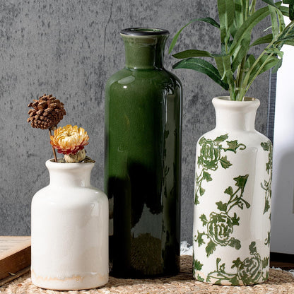 Ceramic Vase Set of 3 with Handles, Green White Neutral Rustic Modern Farmhouse Boho Decor, Versatile as Table Centerpiece or Mantel & Shelf Accent - Unique Home Gift Idea