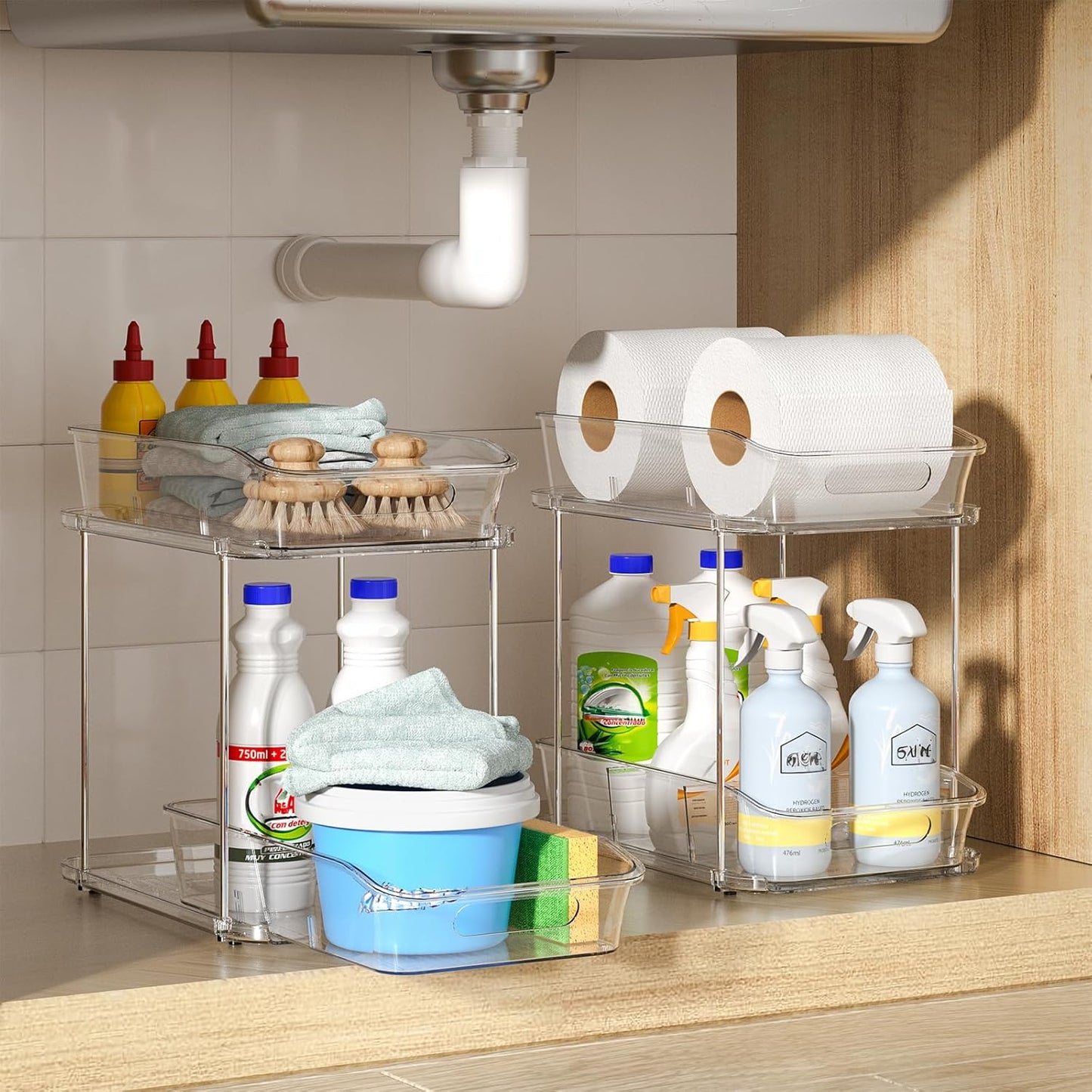 Delamu 2-Tier Under Sink Organizers and Storage, Multi-Purpose Stackable Bathroom Cabinet organizers, Pull Out Kitchen Pantry Organization and Storage with Dividers(2 Pack, Clear)