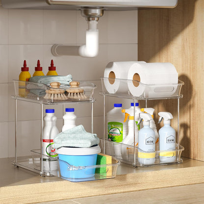 Delamu 2-Tier Under Sink Organizers and Storage, Multi-Purpose Stackable Bathroom Cabinet organizers, Pull Out Kitchen Pantry Organization and Storage with Dividers(2 Pack, Clear)