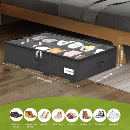 homyfort Under Bed Shoe Storage with Wheels, Fits 24 Pairs, Rolling Shoe Organizer with Bottom Support & Clear Lids, Sturdy Under Bed Storage Box for Shoes, Set of 2, Grey
