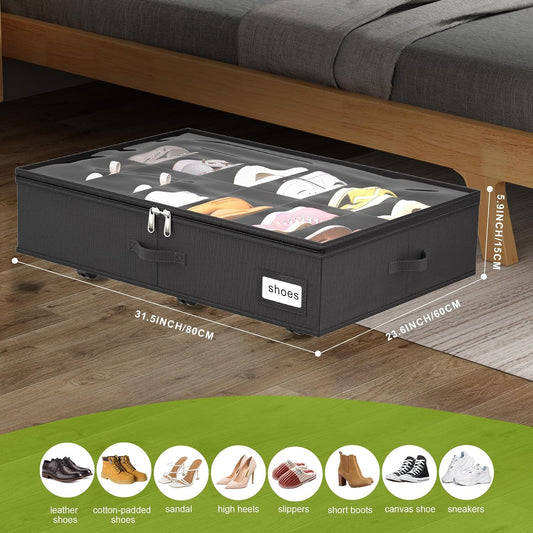 homyfort Under Bed Shoe Storage with Wheels, Fits 24 Pairs, Rolling Shoe Organizer with Bottom Support & Clear Lids, Sturdy Under Bed Storage Box for Shoes, Set of 2, Grey