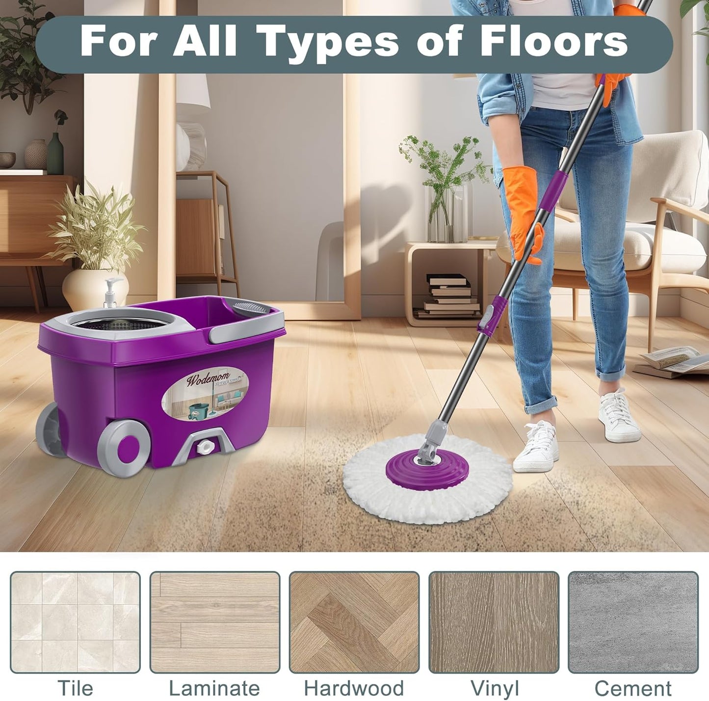 Spin Mop and Bucket System, Mop and Bucket with Wringer Set,Mops for Floor Cleaning,Household Supplies Tools with 6 Replacement Refills,61" Extended Handle for Household Hardwood Floor - Green