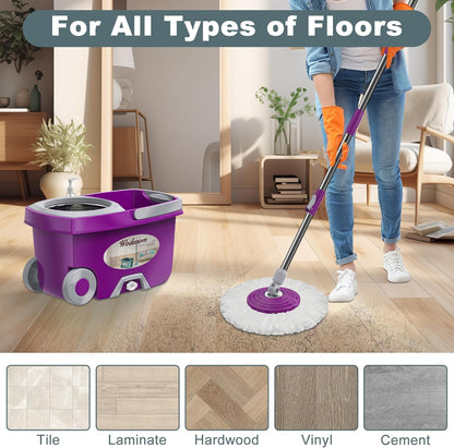 Spin Mop and Bucket System, Mop and Bucket with Wringer Set,Mops for Floor Cleaning,Household Supplies Tools with 6 Replacement Refills,61" Extended Handle for Household Hardwood Floor - Green