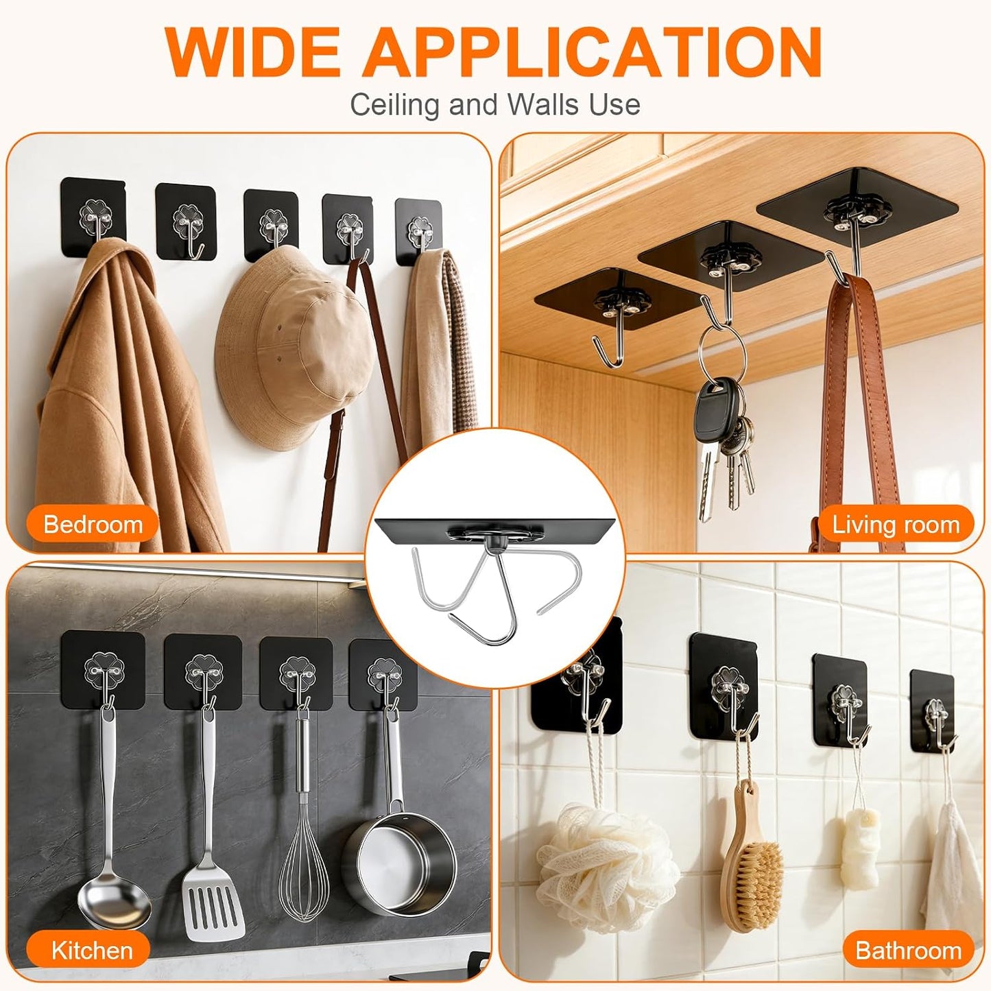 Adhesive Wall Hooks for Hanging Heavy Duty 50 lbs Large Hooks for Walls No Damage, Towel Sticky Clear Hook, Waterproof, Home, Bathroom, Kitchen, Office, and Outdoor 10 Pack