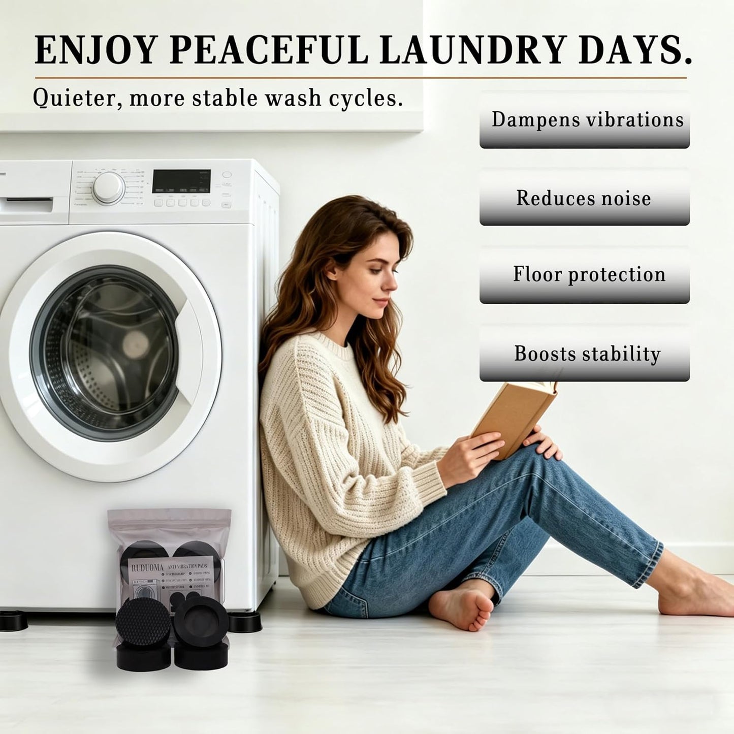 Anti-Vibration Washing Machine Pads,4 Pack High Density Rubber Washer Dryer Stabilizer Pads, Reduce Noise Dampen Vibration,Non Slip Shock Absorbing Mats Prevent Sliding for Washers & Dryers