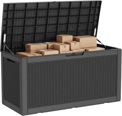 320 Gallon Waterproof Outdoor Storage Box, UV Resistant Resin Deck Box with Hydraulic Rod for Reinforced Stability, Perfect for Patio, Garden, and Pool（Black，320 Gallon）