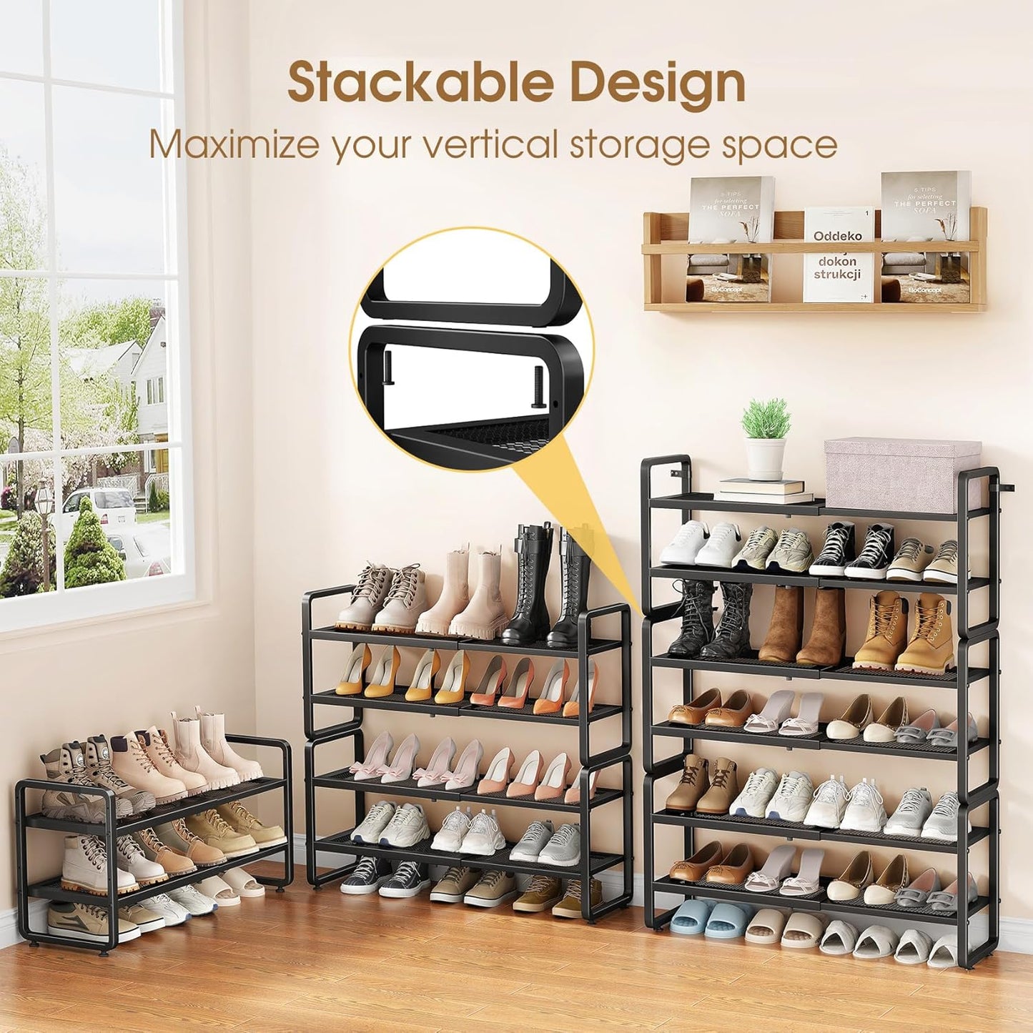 SAYZH Expandable Shoe Rack for Closet, Adjustable Metal Shoe Organizer with Sturdy Mesh Shelves for Boots & Heels, Stackable Shoe Storage for Entryway, Garage, Small Spaces (Black, 2-Tier)