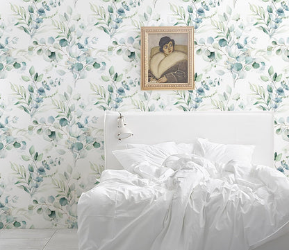 HAOKHOME Peel and Stick Wallpaper Boho Green/White Botanical Leaf Floral Wall Mural Home Nursery Decor Renter Friendly Wallpaper 17.3in x 9.8ft